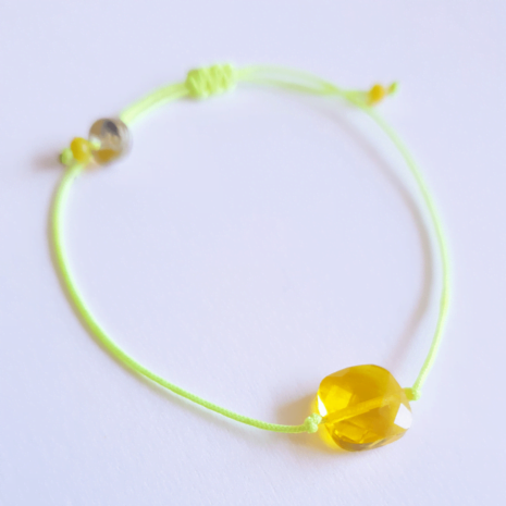 Bracelet cordon et pendentif de verre facetté PRIMA jaune fluo